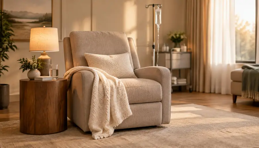 Private medical detox room at an inpatient rehab, with a comfortable recliner, soft blanket and warm lamp light