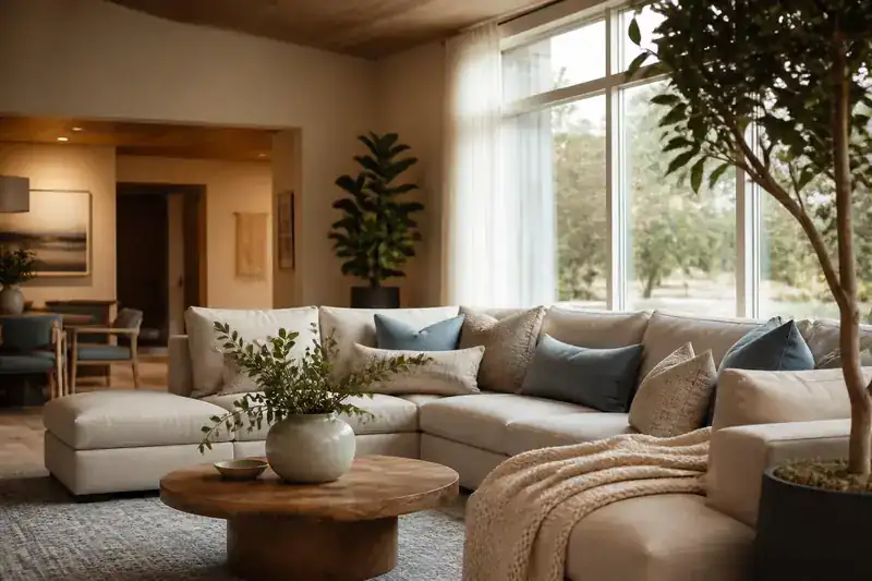 Sunlit common room at an inpatient addiction rehab residence, with a soft sectional sofa, wool throw and large garden-facing windows