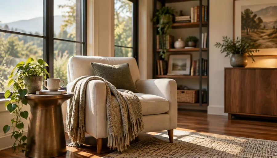 Private residential rehab room with a soft armchair, throw blanket and tall garden-facing window