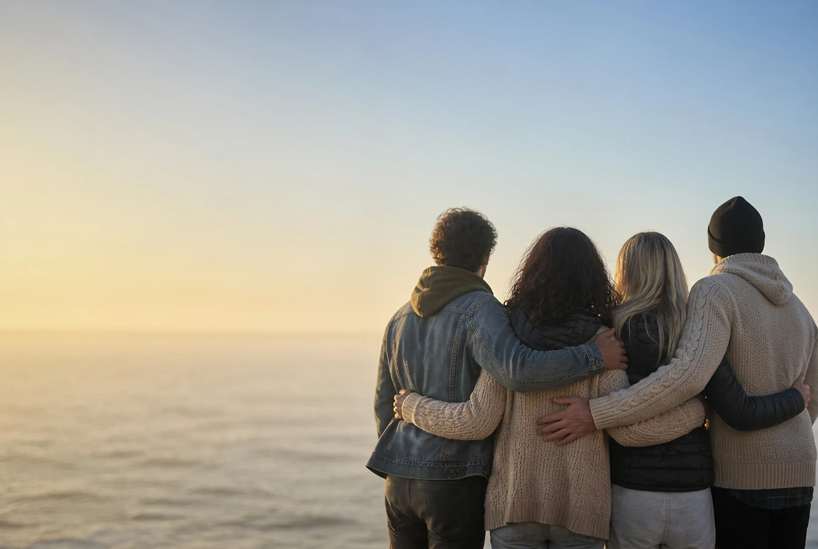 Four people in addiction recovery standing together, seen from behind, looking out at a calm ocean horizon